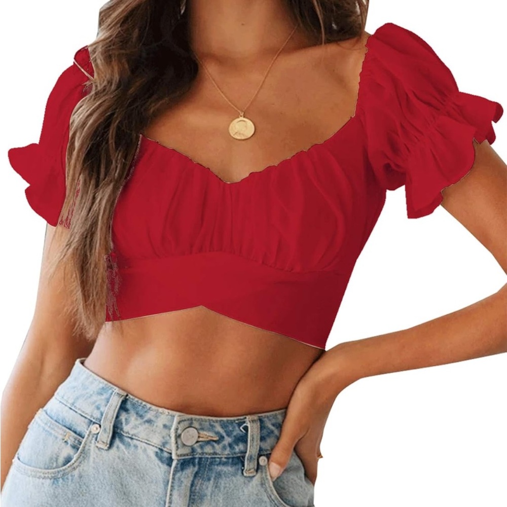 WORN ONCE red crop top ruffle sleeve with back bow tie